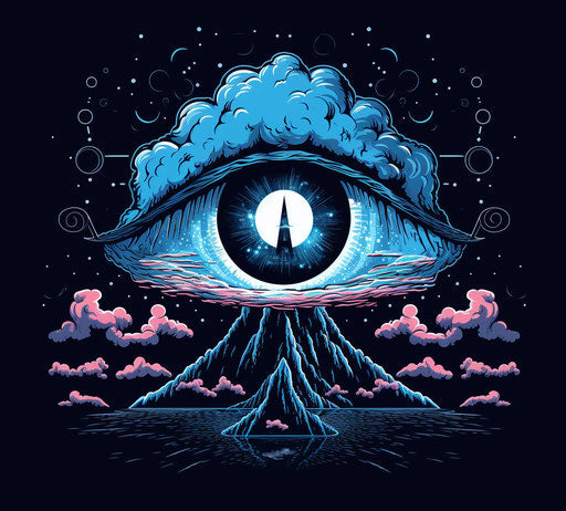 Eye cloud with lightning, bold line work style, chromepunk