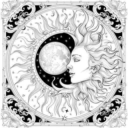 Celestial sun and moon design with intricate details