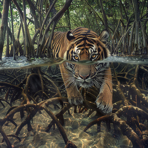 Sumatran tiger navigating the mangrove forest