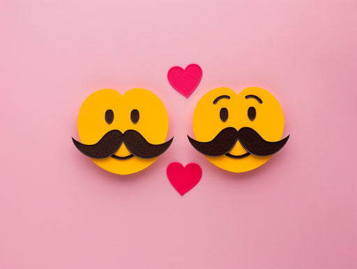 Two cute yellow smiling faces with mustaches and hearts