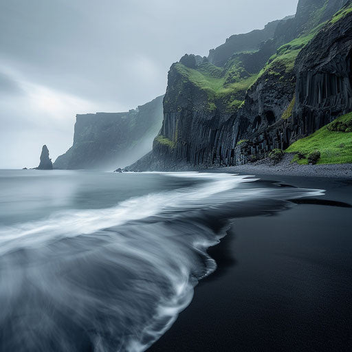 Black sand beach with serene waters and dramatic cliffs