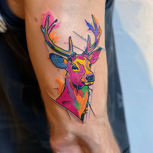 Electric neon-colored deer tattoo in pop art style