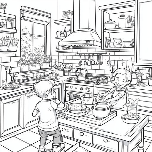 Vibrant kitchen with family cooking together