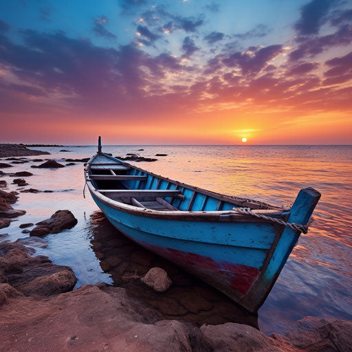 Boat on cliff at sunset