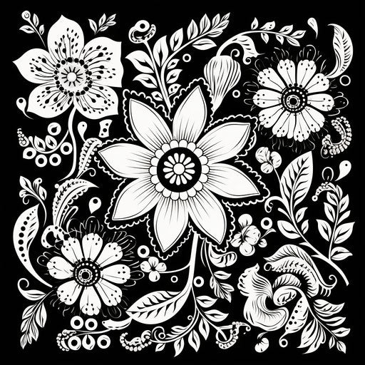 Black and white flower paisley template, inspired by black and white drawings, Mughal painting, organic material, Indian scenes, captivating, batik