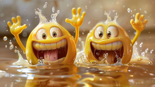 Two animated emoticons smiling and waving hands
