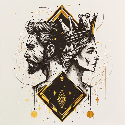 King and queen profile with art deco embellishments, black and gold