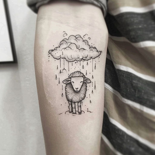Soft and subtle flat tattoo sketch of a sheep with gentle rain