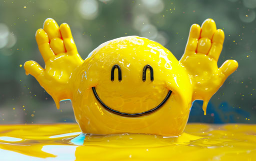 Yellow smiling emoticon with hand gestures