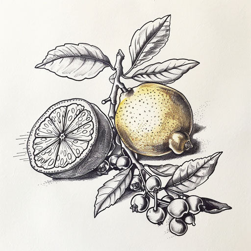 Tranquil flat tattoo sketch of a lemon in a serene still life with other fruits