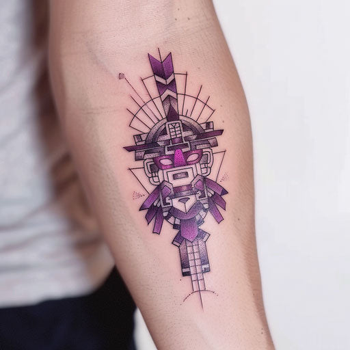 Geometric Mayan pattern tattoo, vivid purples and sharp lines