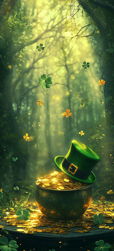 Leprechaun's hat and pot of gold on table, St. Patrick's Day forest background