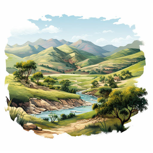 Valley clipart in the style of oil painting, on white background