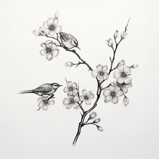 Sketch of two blossom branches tattoo style cherry blossoms birds flowers naturalistic matte drawing