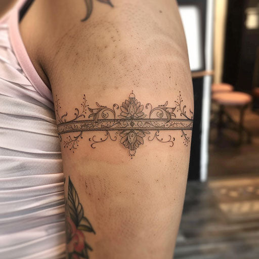 Intricate floral armband tattoo on upper arm