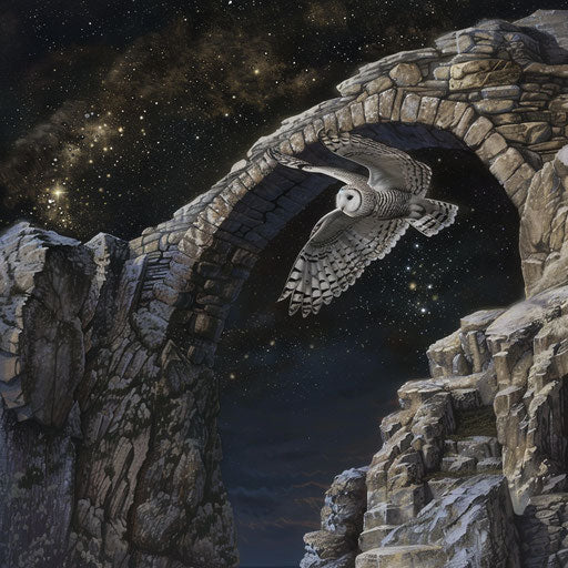 White owl flying under a natural stone bridge