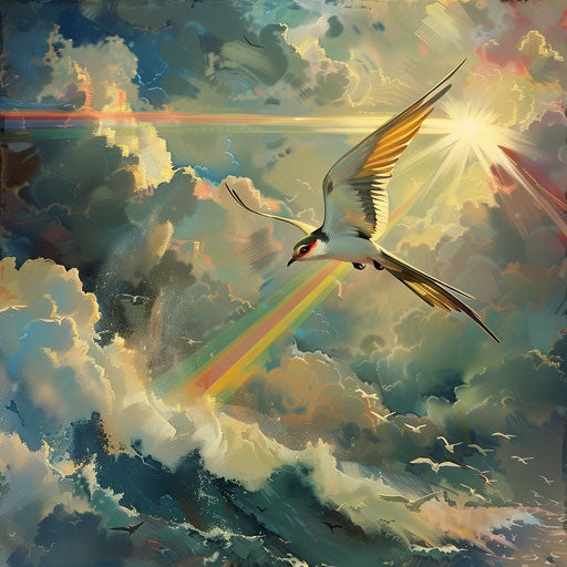 Swallow-tailed kite flying through rainbow over stormy sea