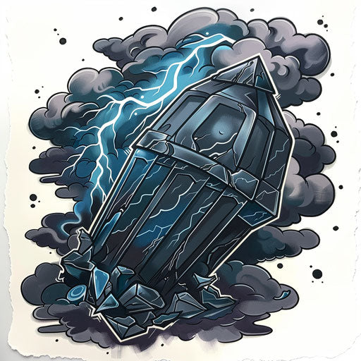 Dramatic clipart style flat tattoo sketch of a coffin with dark clouds