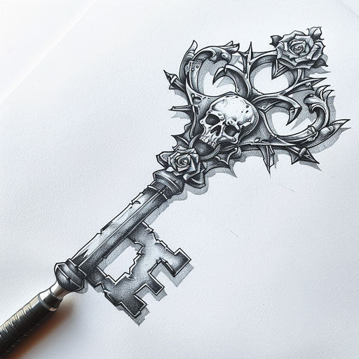 Detailed gothic key, handle blending bones and roses, in black and grey on white