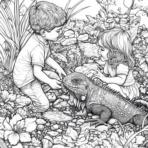 Children playing with an iguana in a garden, in the style of Mindy Sommers, Coloring book page