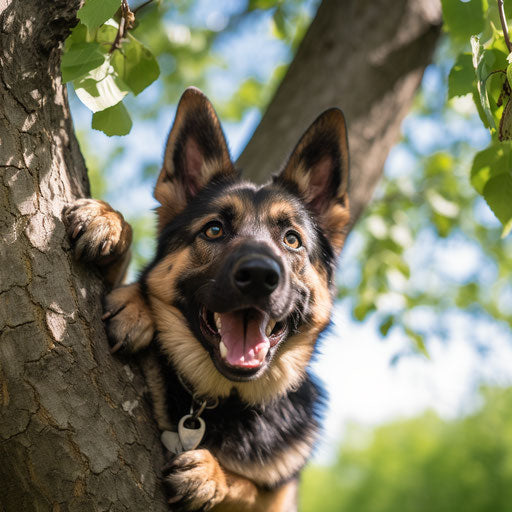 The german shepard peeks out from a tree and smiles
