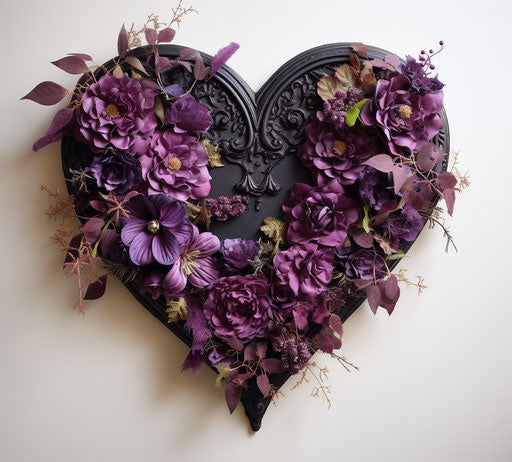 Heart shaped wall decor with purple flowers and string