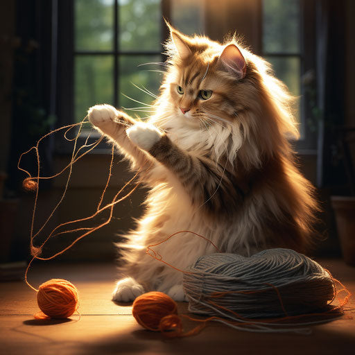 Norwegian forest cat playing with yarn