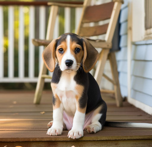 Beagle puppy sitting on the front porch