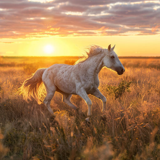 Wild horse sprinting in grassy plain at sunset