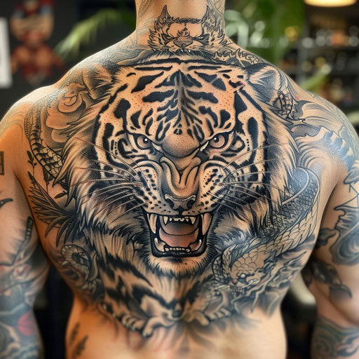 Detailed back tattoo of a roaring tiger