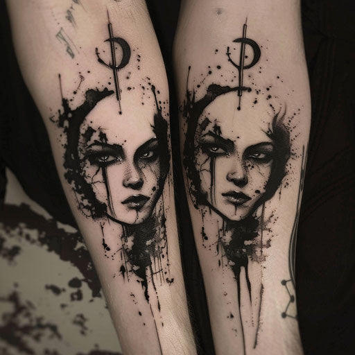 Sibling tattoos in the style of Gerald Brom with dark gothic symbols