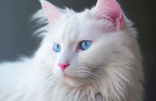 large white and beige cat with blue eyes, refined aesthetic