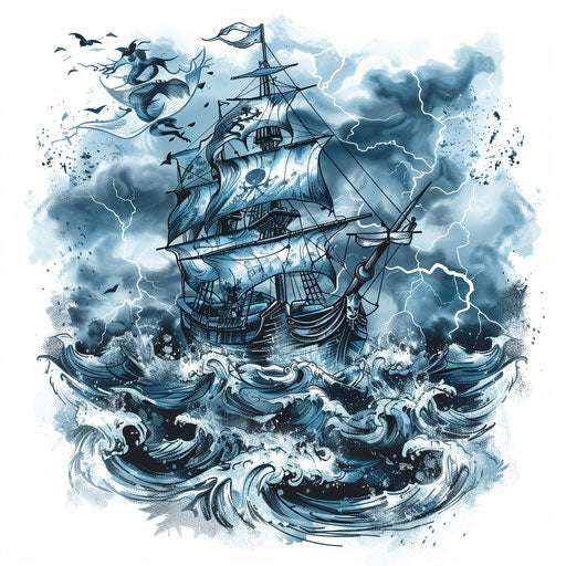 Adventurous tattoo sketch of Jolly Roger on stormy sea