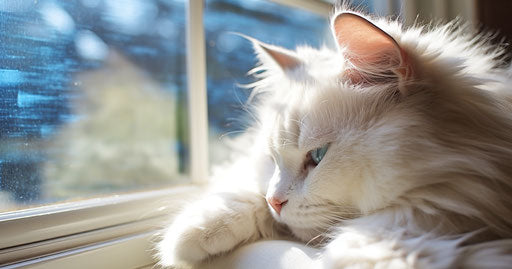 White cat laying on window sill, light brown light blue carpetpunk style