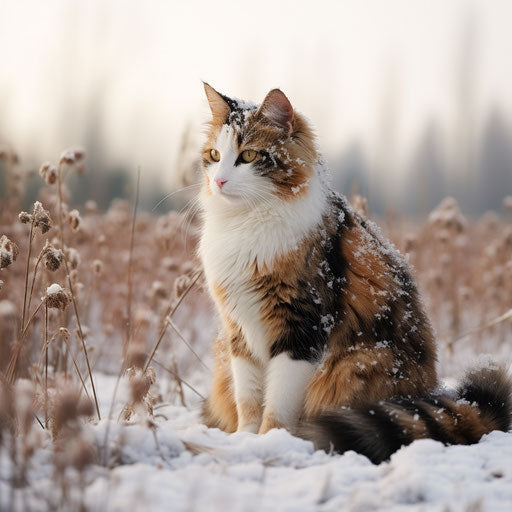 Calico cat in a field while it is snowing