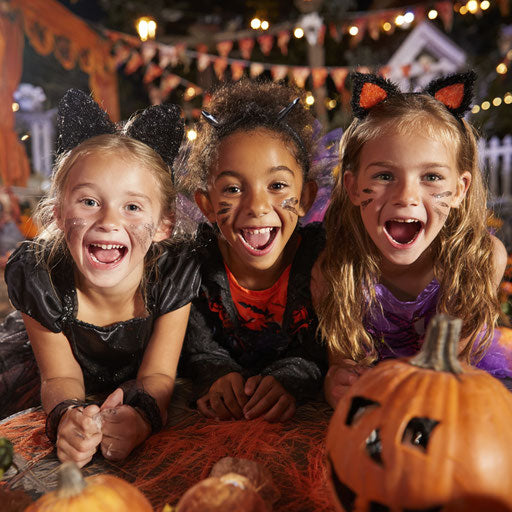 Three young girls in Halloween costumes around decorations