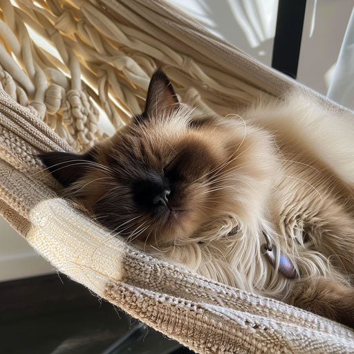 Himalayan cat lounging in a hammock with a cute sleepy face