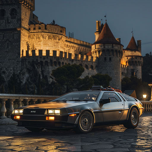 Gothic DeLorean DMC-12 outside medieval castle at night