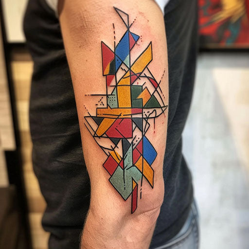 Flat cubist tattoo sketch of a multicolor rune