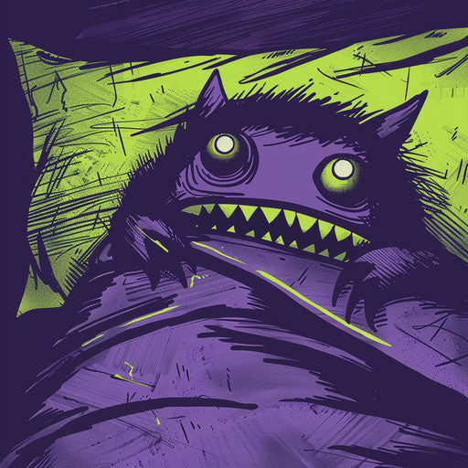 Lively drawing of a monster under the bed, dark purple and lime green