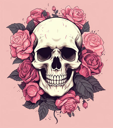 Skull and roses with tattoos in delicate shades