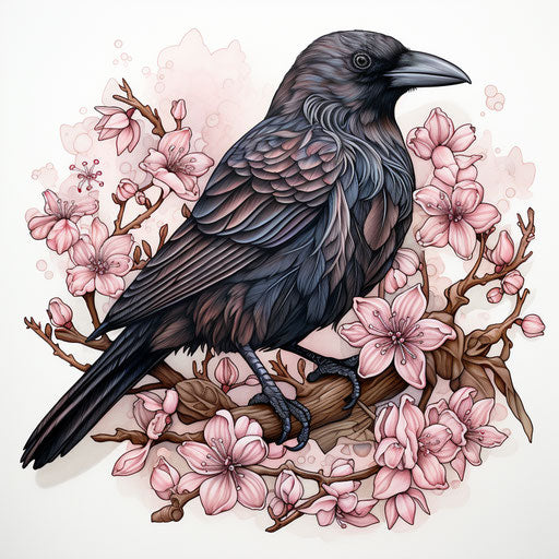 Crow kook by I ate it or something new tattoo, traditional Japanese style, light pink and dark bronze, art of Tonga, hyperrealistic murals, white background, floralpunk, neo-traditional Japanese
