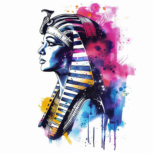 Watercolor style Cleopatra tattoo stencil with flowing colors on a white base