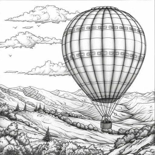 Realistic hot air balloon with detailed textures, Stephen Wiltshire style