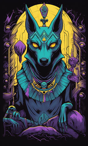 Egyptian dog and objects, colorful style, queencore