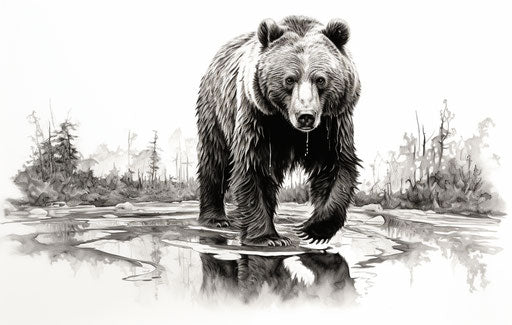 Bear walking in black and white, hyper-realism, wildlife detail
