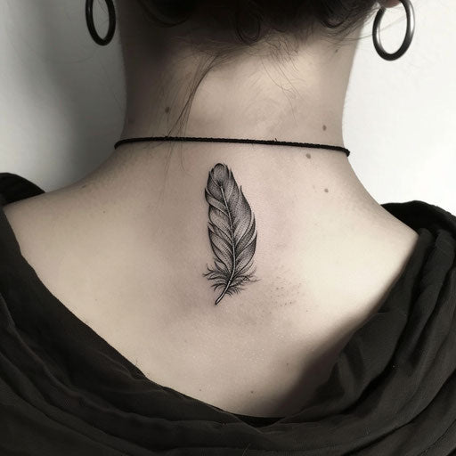 Easy tattoo of a delicate feather, Gerald Brom style, on the neck