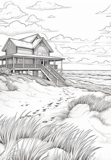 Beach house coloring pages, heart craft, light and shade style