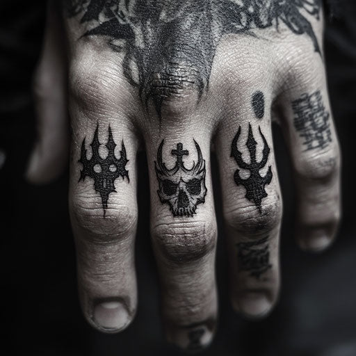 Tiny finger tattoos in the style of Gerald Brom showcasing eerie gothic symbols