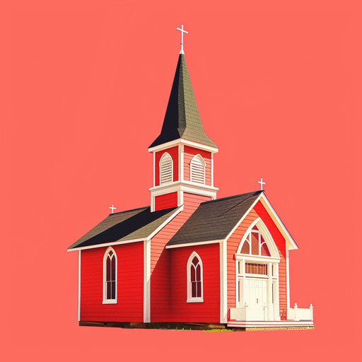 Realistic church illustration on vibrant coral background